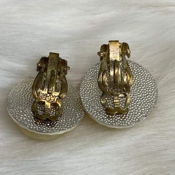 Vintage Japan Round Marbled Lucite Silver Tone Clip-On Earrings .75" - Picture 4 of 6